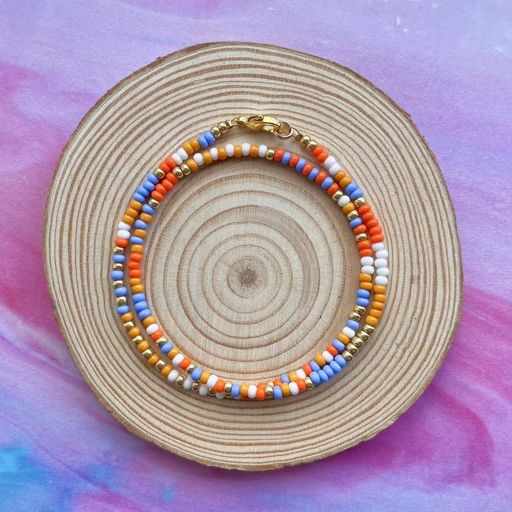 Beaded summer colourful necklace with multicoloured and gold seed beads - Picture 2 of 3